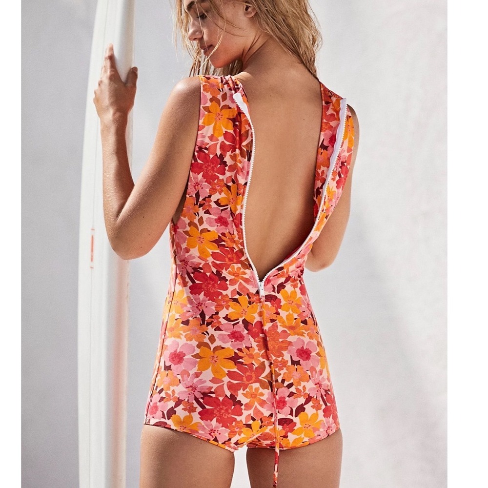 Aila Blue Floral One Piece Swimsuit Women Small Pink Orange Retro Back Zip Surf
